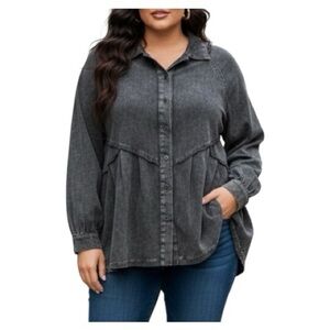 White Birch Black Mineral Washed Button Down Cotton Tunic W Pockets - Size XL